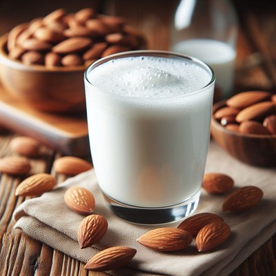 Almond milk in glass on wooden table