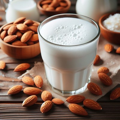 Almond milk in glass on wooden table