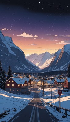 Snowy mountain village at dusk