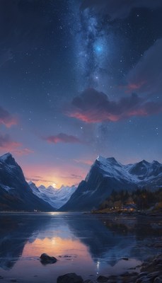 Mountain lake under starry sky
