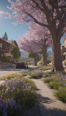 Suburban street with pink trees