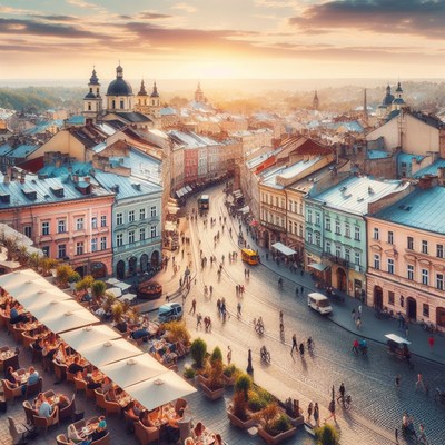 Lviv cityscape at sunset