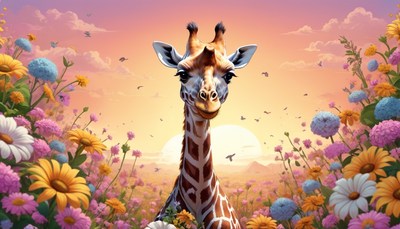 Giraffe in field of flowers at sunset