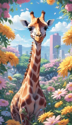 Giraffe among flowers in urban setting
