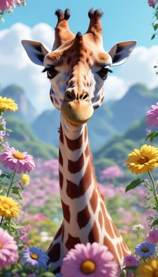 Giraffe in a field of flowers