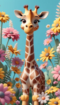 Cartoon giraffe in a field of flowers