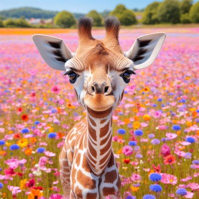Baby giraffe in flower field