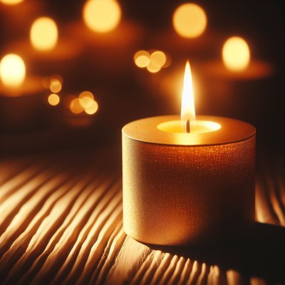 Lit candle on wooden surface
