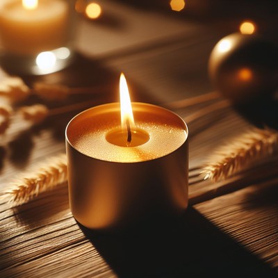 Candle burning on wooden table