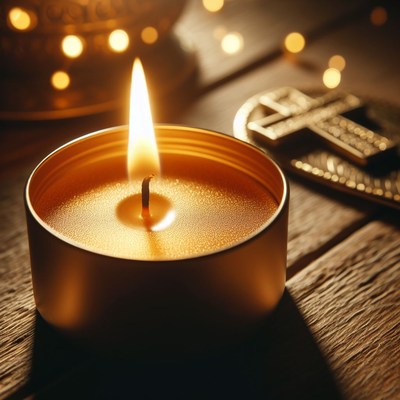 Golden candle burning on wooden table