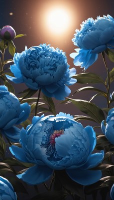Blue peonies under moonlight