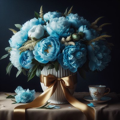 Blue peonies in a vase with gold ribbon