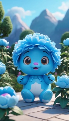Blue character stands in garden