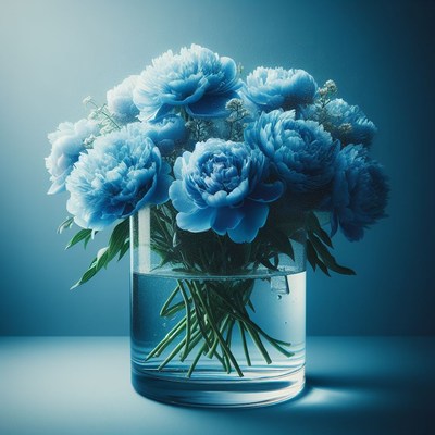 Blue peony bouquet in a glass vase