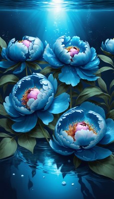 Blue peonies underwater