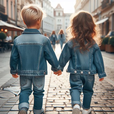 Children walking hand-in-hand on cobblestone street