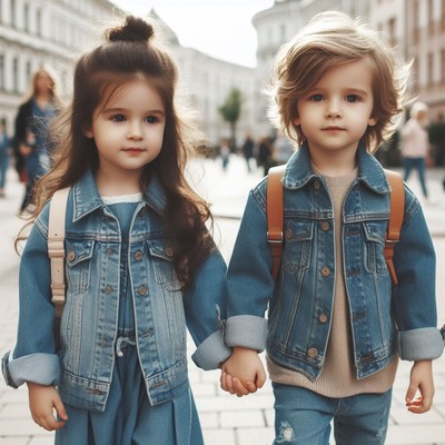 Children walking in denim jackets