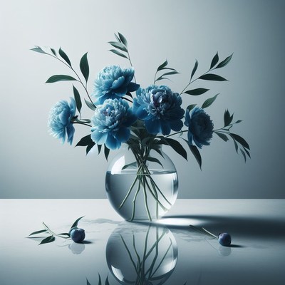 Blue peony bouquet in a glass vase