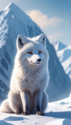 Arctic fox sitting in snowy mountains