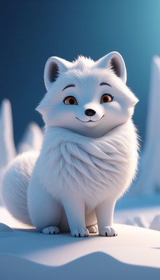 White arctic fox sitting in snow