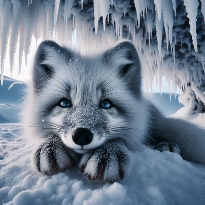 Arctic fox under icicles