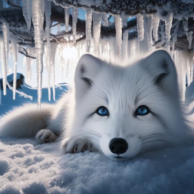 Arctic fox under icicles