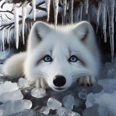 Arctic fox under icicles