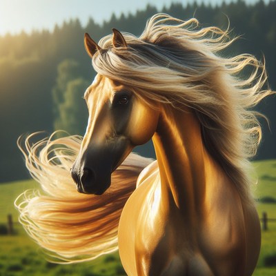 Golden horse running in field