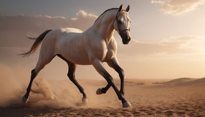 White horse galloping in desert at sunset