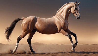 Horse running in desert at sunset