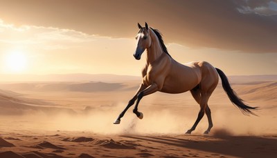 Horse running through desert at sunset
