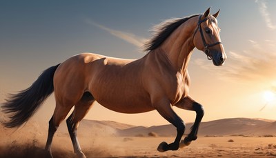 Horse running in desert at sunset