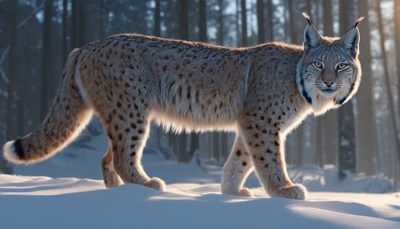 Lynx walking through snowy forest