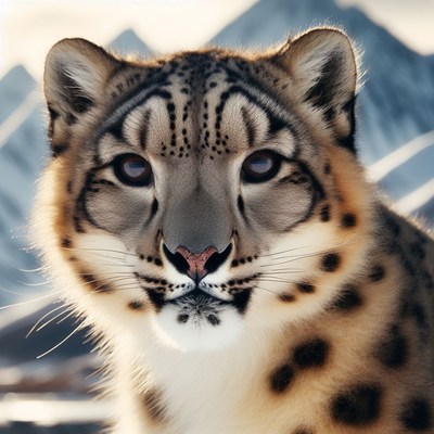 Snow leopard portrait in mountainous landscape