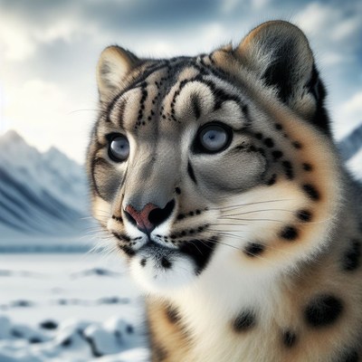 Snow leopard portrait in snowy mountains