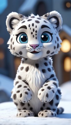 Cute snow leopard cub in snowy landscape