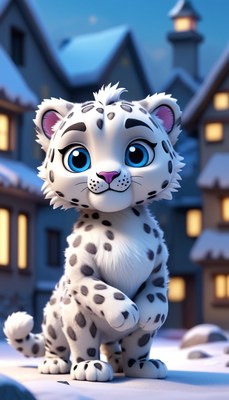 Cute snow leopard in winter town