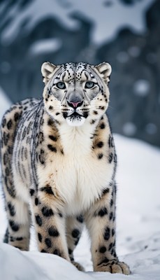 Snow leopard in snowy mountains
