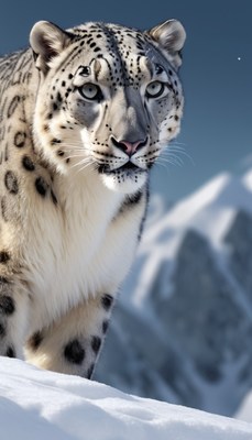 Snow leopard in snowy mountains
