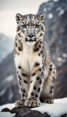 Snow leopard standing on a rock