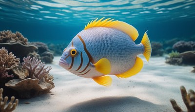 Blue and yellow fish near coral reef