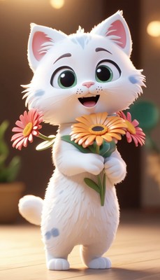 Cute cartoon cat holding flowers