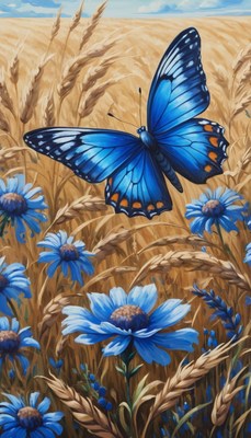 Blue butterfly in wheat field