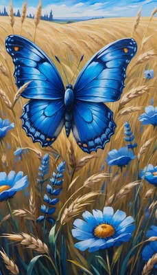 Blue butterfly in a field of wheat