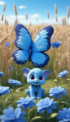 Blue kitty with butterfly in field