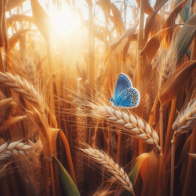 Butterfly in wheat field at sunset