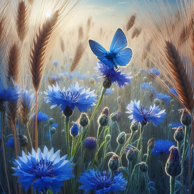 Blue butterfly on cornflowers in field