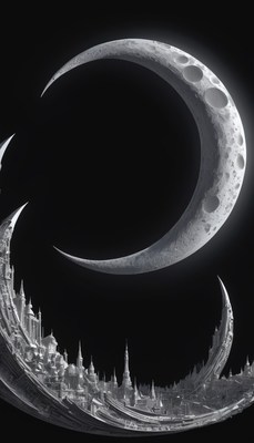 Crescent moon over cityscape