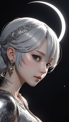 Woman with silver hair and crescent moon