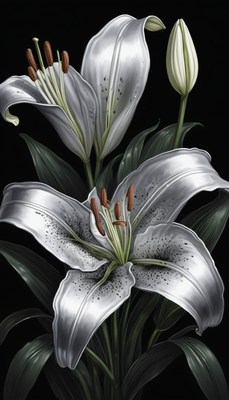 White lilies against black background